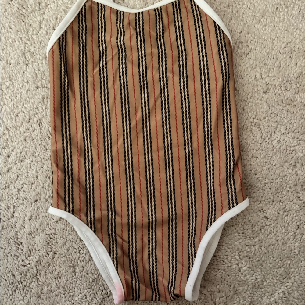 Burberry Brown and Black Striped Bodysuit with High Neckline